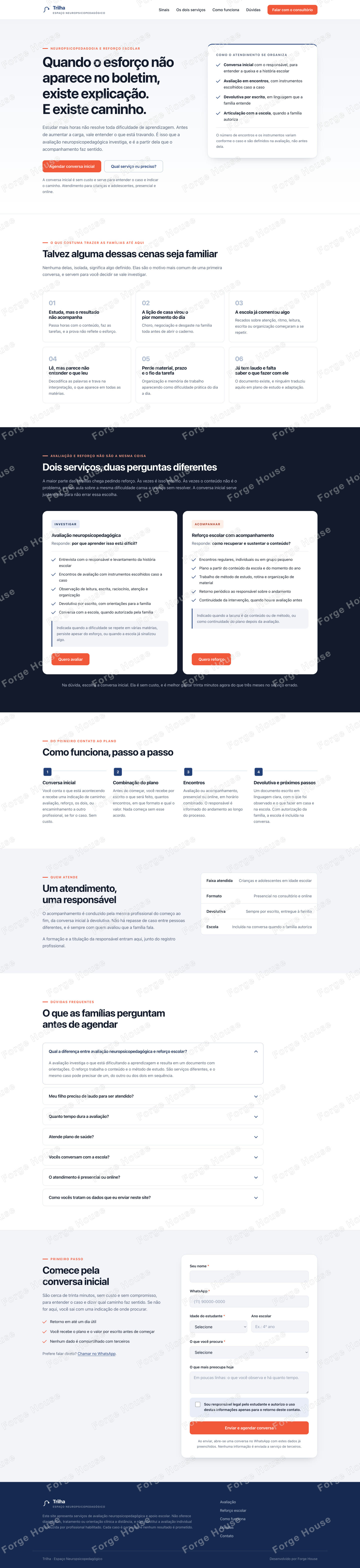 Landing page do consultório na versão desktop, do topo ao rodapé